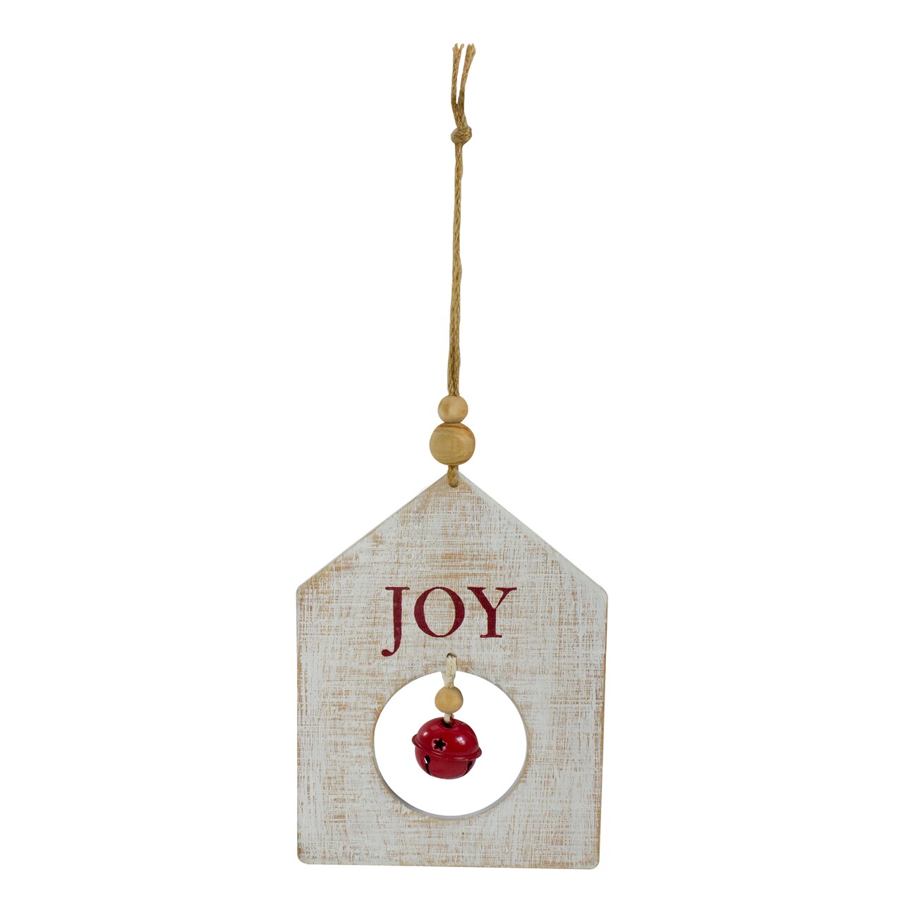 Northlight Rustic Wooden "JOY" with Bell Christmas Tag Ornament - 8" - Red and White